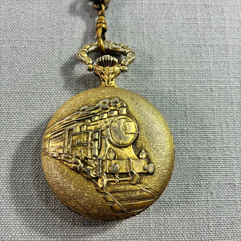 Belle-Suisse Train Locomotive Quartz Pocket Watch Gold Tone w/ Chain AS-IS